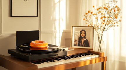 Obraz premium Donut on turntable, sunlit room, flowers, photo