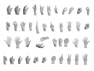 Set of elderly female hands making various gestures, including thumbs up, OK sign, peace, victory,...