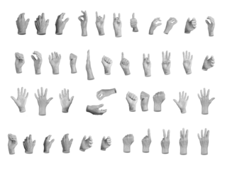 Set of elderly female hands making various gestures, including thumbs up, OK sign, peace, victory, pointing, grabbing, pinching, and clenched fist. Wrinkled fingers emphasizing age, expression, and
