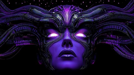 Glowing purple cyborg woman face, intricate metallic design.