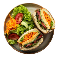 Bread lettuce leaf tomato carrot burger on a wooden plate