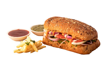 burger sandwich and potato fries tomato sos out background