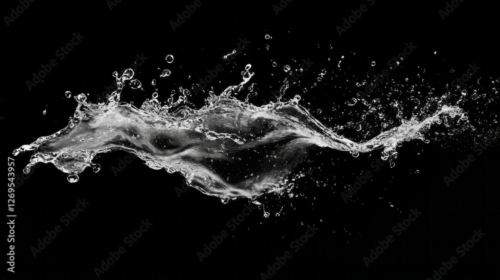 Poster silvery droplets leap and dance through the air, creating mesmerizing patterns against a stark black