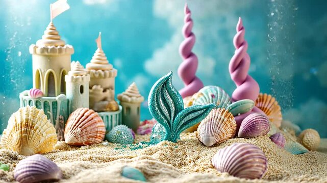 Enchanting underwater scene with castles, shells, and a mermaid's tail