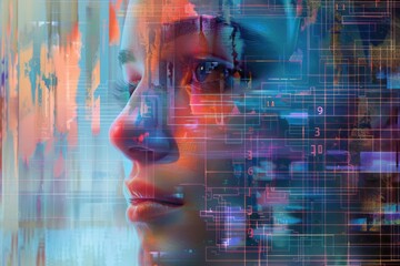 Digital Abstract Portrait of a Woman with Colorful Technology Background