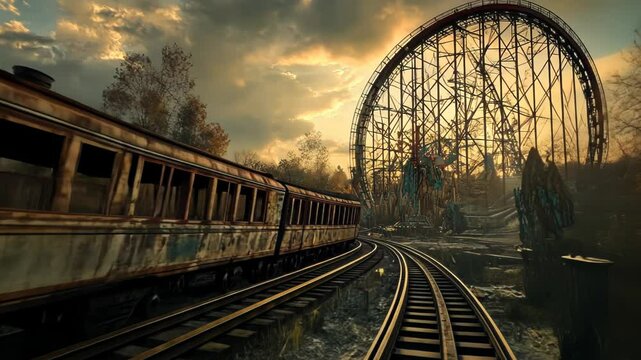 A vintage train on tracks near an abandoned amusement park under a dramatic sky.