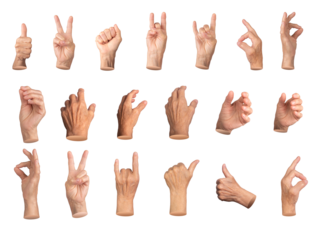 Set of elderly female hands making various gestures, including thumbs up, peace sign, fist, grabbing, and pinching. Wrinkled fingers emphasizing age and expression. Isolated on white background.