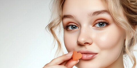 Close-up portrait of a beautiful blonde woman with perfect, clean skin and elegant makeup, eating a small, heart-shaped orange gummy candy on a white background.