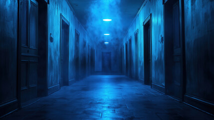 Dark corridor with blue lights and fog. Horror atmosphere concept