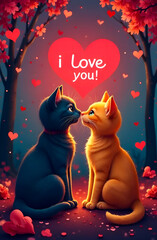 greeting card with cats, hearts, «I love you» title
