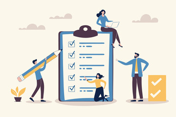 Checklist to complete project task, accomplish work checkmark, todo list clipboard or project status report, plan to finish work concept, business people holding pencil complete task checkbox.