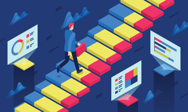 This colorful isometric image illustrates the career ladder, progression from entry-level positions to higher levels of pay, skill, responsibility
