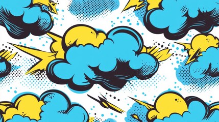 Dynamic Comic Book Lightning Clouds Design, Graphic Art, Bright Blue and Yellow, Bold Patterns, Modern Style