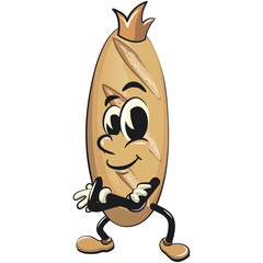 baguette bread cartoon isolated vektor illustration mascot character crowned like a king while folding his arms calmly, work of hand drawn