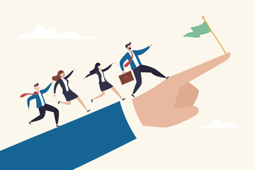 Leadership to lead team members, business direction to achieve goal or target, teamwork to success in work, businessman leader holding winner flag running lead business people on pointing finger.