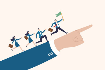 Leadership to lead team members, business direction to achieve goal or target, teamwork to success in work, businessman leader holding winner flag running lead business people on pointing finger.