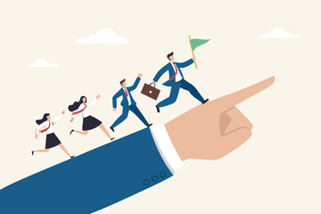 Leadership to lead team members, business direction to achieve goal or target, teamwork to success in work, businessman leader holding winner flag running lead business people on pointing finger.