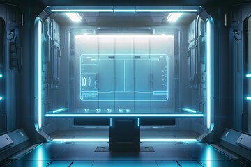 Futuristic Science Lab Interior with Neon Lighting and Technology Panels