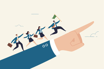 Leadership to lead team members, business direction to achieve goal or target, teamwork to success in work, businessman leader holding winner flag running lead business people on pointing finger.