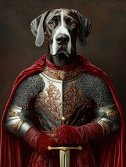 A regal dog in knight armor stands confidently, adorned in a red cape, blending fantasy and elegance with a touch of whimsy.