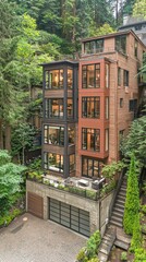 Modern home nestled in the woods, greenery surround, residential architecture for real estate