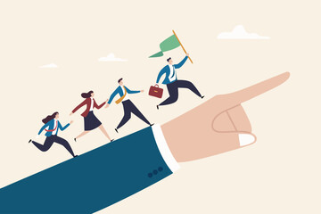 Leadership to lead team members, business direction to achieve goal or target, teamwork to success in work, businessman leader holding winner flag running lead business people on pointing finger.