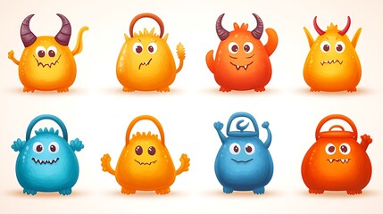 Obraz premium Cute monster characters illustration set, Halloween design, white background, party decoration.