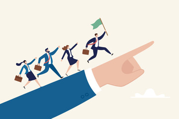 Leadership to lead team members, business direction to achieve goal or target, teamwork to success in work, businessman leader holding winner flag running lead business people on pointing finger.
