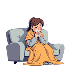 Sick young woman blowing nose while sitting on sofa covered with blanket