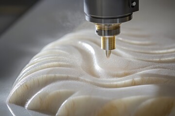 CNC machine precisely carves swirling patterns into a smooth, off-white material, creating a textured surface.
