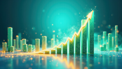 Naklejka premium A digital illustration representing financial growth with rising bars and sparkles.
