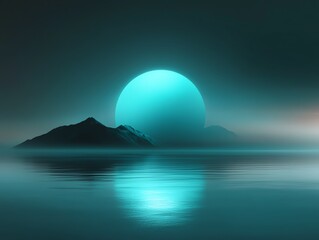 Fototapeta premium A serene landscape with fog, a tranquil water body, and a glowing turquoise sun setting behind distant mountains.