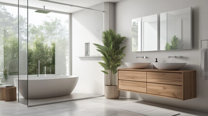 
Admire this elegant modern bathroom that seamlessly blends style and comfort, highlighted by a beautifully crafted wooden vanity and a contemporary glass shower enclosure for a luxurious touch.