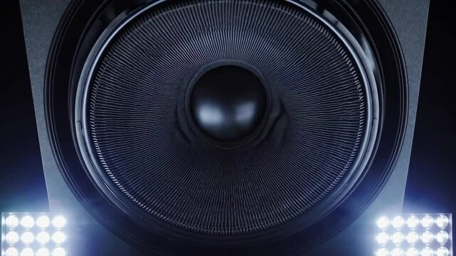close-up moving sub-woofer music speakers vibrating membrane white strobe pulsing light