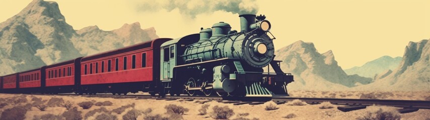 Naklejka premium Vintage steam locomotive traveling through desert landscape with mountains and train cars