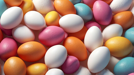 Colorful eggs in various shades of pink, blue, orange, and white create vibrant and festive display, perfect for celebrations or seasonal events