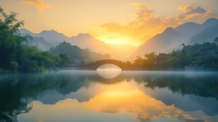 Fototapeta premium Sunrise over arched bridge, misty lake, mountains. Peaceful Asian landscape, travel poster