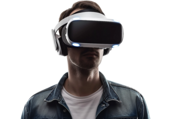 The Future of Gaming: Man Exploring Virtual Worlds with VR Headset Isolated on Transparent Background