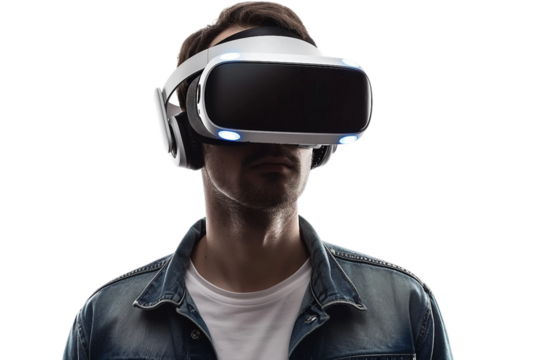 The Future of Gaming: Man Exploring Virtual Worlds with VR Headset Isolated on Transparent Background
