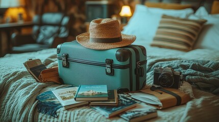 Travel essentials airplane suitcase preparation for a luxurious trip cozy suite indoor close-up adventure awaits