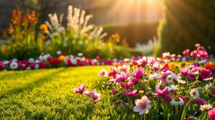 Fototapeta premium Vibrant Spring Flowers in Sunny Garden Landscape