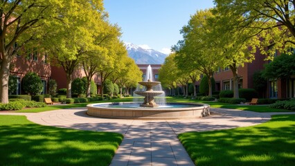 Obraz premium Campus quad, Mountain-view university quad with a central fountain.