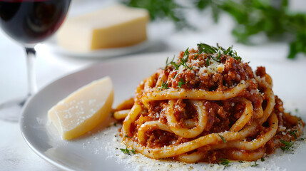 Fototapeta premium Mouthwatering Ultra Detailed Realistic Pasta Dish with Red Wine and Cheese on White Table
