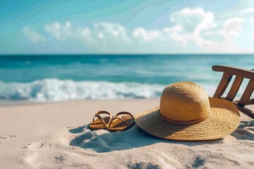 A sunny beach scene featuring a straw hat, sandals, and a wooden chair by the shoreline with gentle waves and a bright blue sky.