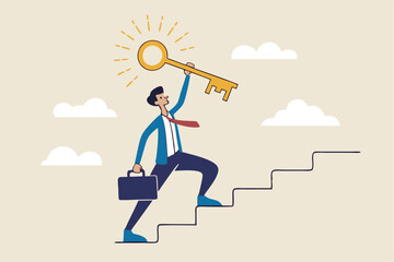 Key to business success, stairway to find secret key or achieve career target concept, businessman winner walk up to top of stairway lifting golden success key to the sky.