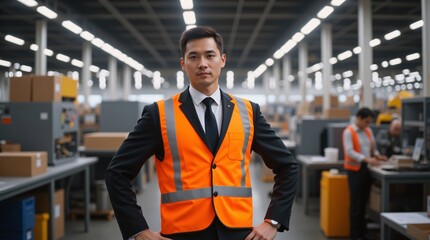 Confident warehouse manager in safety vest, overseeing operations.  A leader in logistics and efficiency.