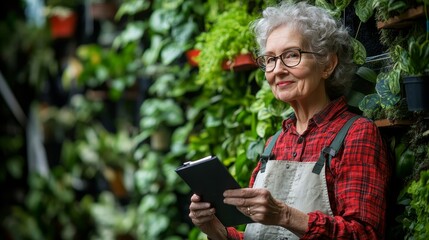 Senior woman gardener using digital tablet in lush greenhouse