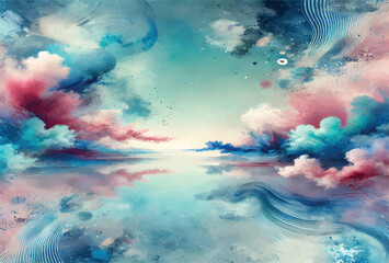 Abstract Serene Sky and Ocean Wash with Fluid Gradient Blends and Artistic Watercolor Texture.