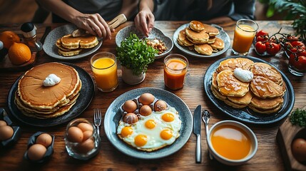 Family enjoying pancake breakfast, home kitchen.