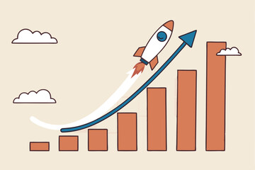 Exponential growth or compound interest, investment, wealth or earning rising up graph, business sales or profit increase concept, financial report graph with exponential arrow from flying rocket.